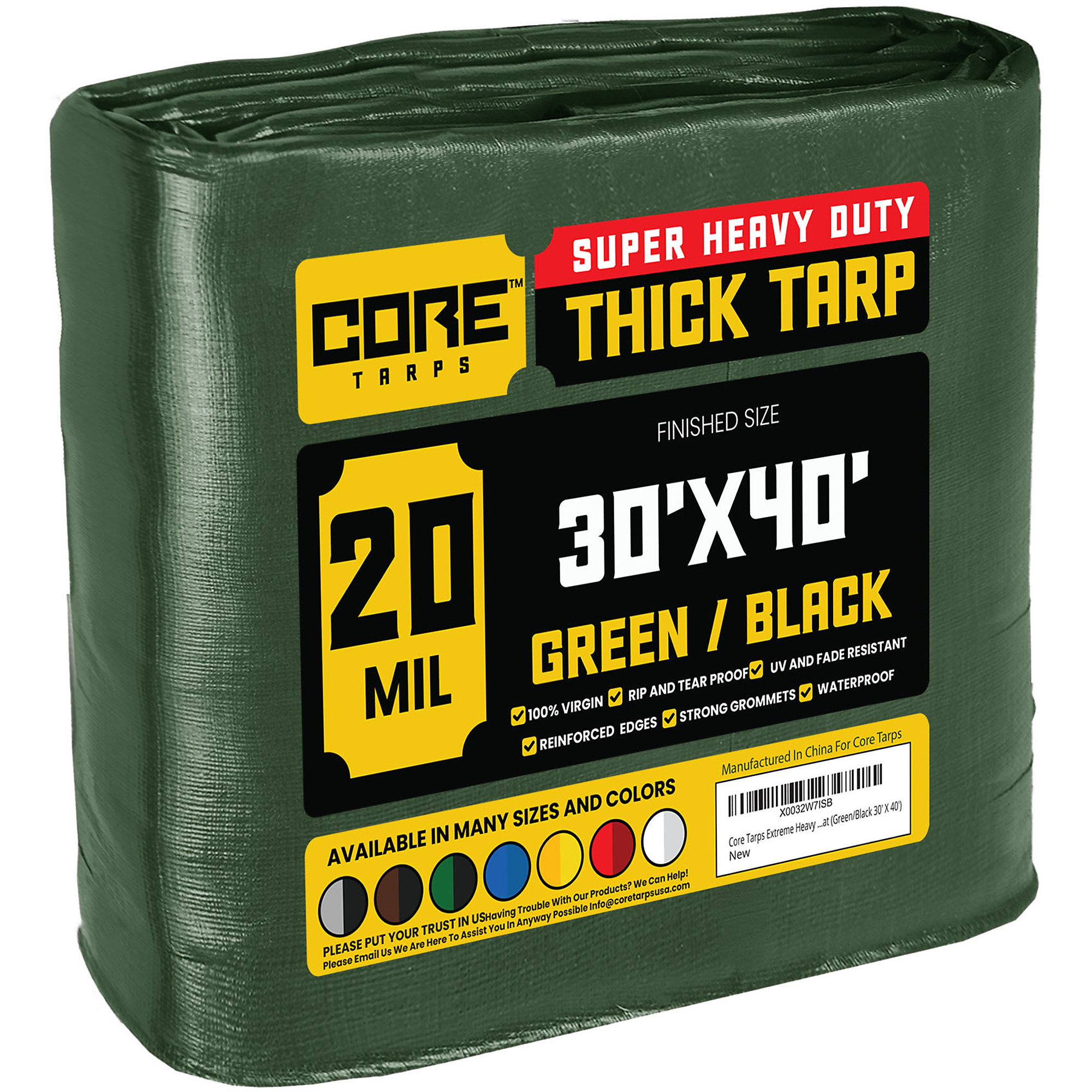 Core Tarps Extreme Heavy Duty 20 Mil Tarp Cover, Waterproof, UV Resistant, Rip and Tear Proof, Poly Tarpaulin with Reinforced Edges for Roof, Camping, Patio, Pool , Boat (Green/Black 30' X 40')